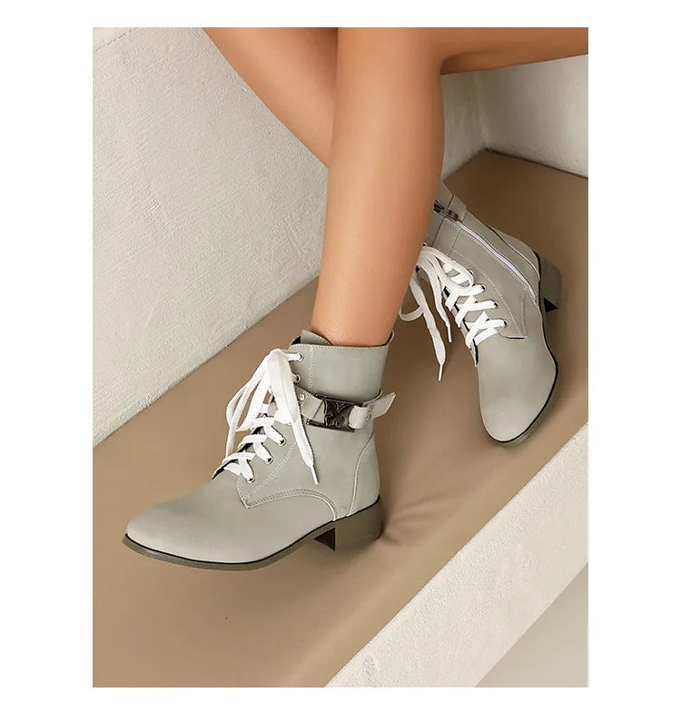 BLXQPYT Women's Combat Ankle Boots Lace Up Low Heel Round Toe Side Zipper Big Size Comfortable Booties WS-22
