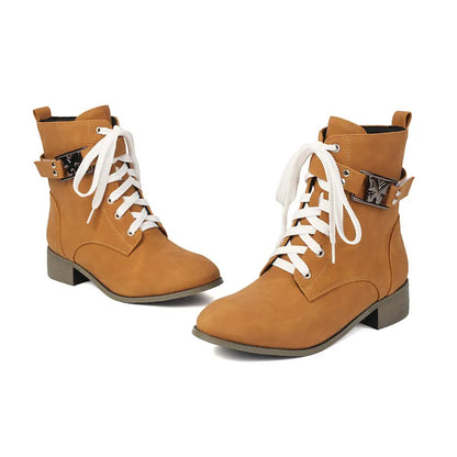 BLXQPYT Women's Combat Ankle Boots Lace Up Low Heel Round Toe Side Zipper Big Size Comfortable Booties WS-22