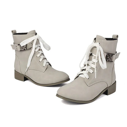 BLXQPYT Women's Combat Ankle Boots Lace Up Low Heel Round Toe Side Zipper Big Size Comfortable Booties WS-22