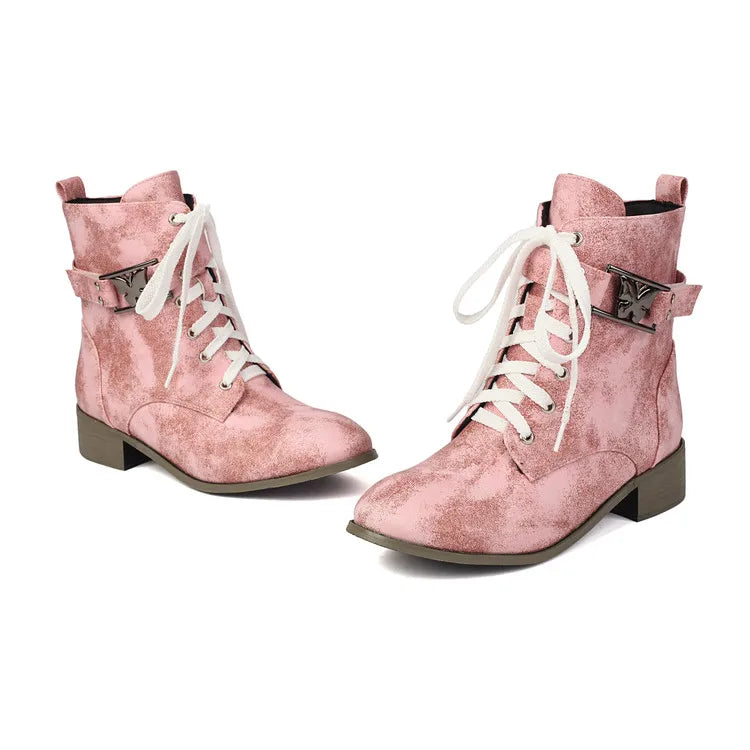BLXQPYT Women's Combat Ankle Boots Lace Up Low Heel Round Toe Side Zipper Big Size Comfortable Booties WS-22