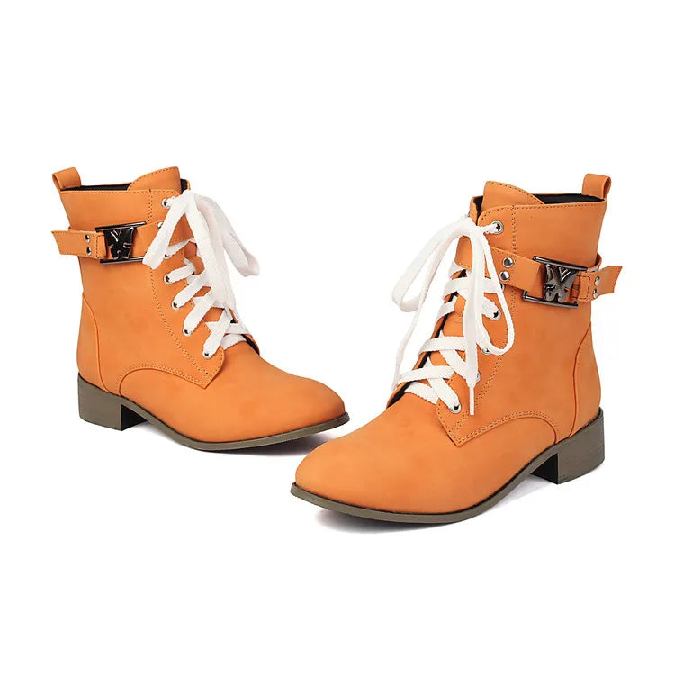 BLXQPYT Women's Combat Ankle Boots Lace Up Low Heel Round Toe Side Zipper Big Size Comfortable Booties WS-22
