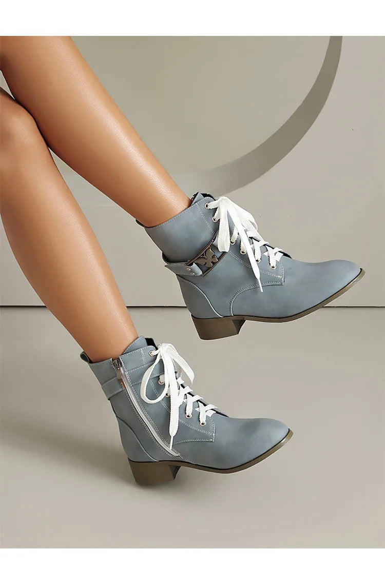 BLXQPYT Women's Combat Ankle Boots Lace Up Low Heel Round Toe Side Zipper Big Size Comfortable Booties WS-22