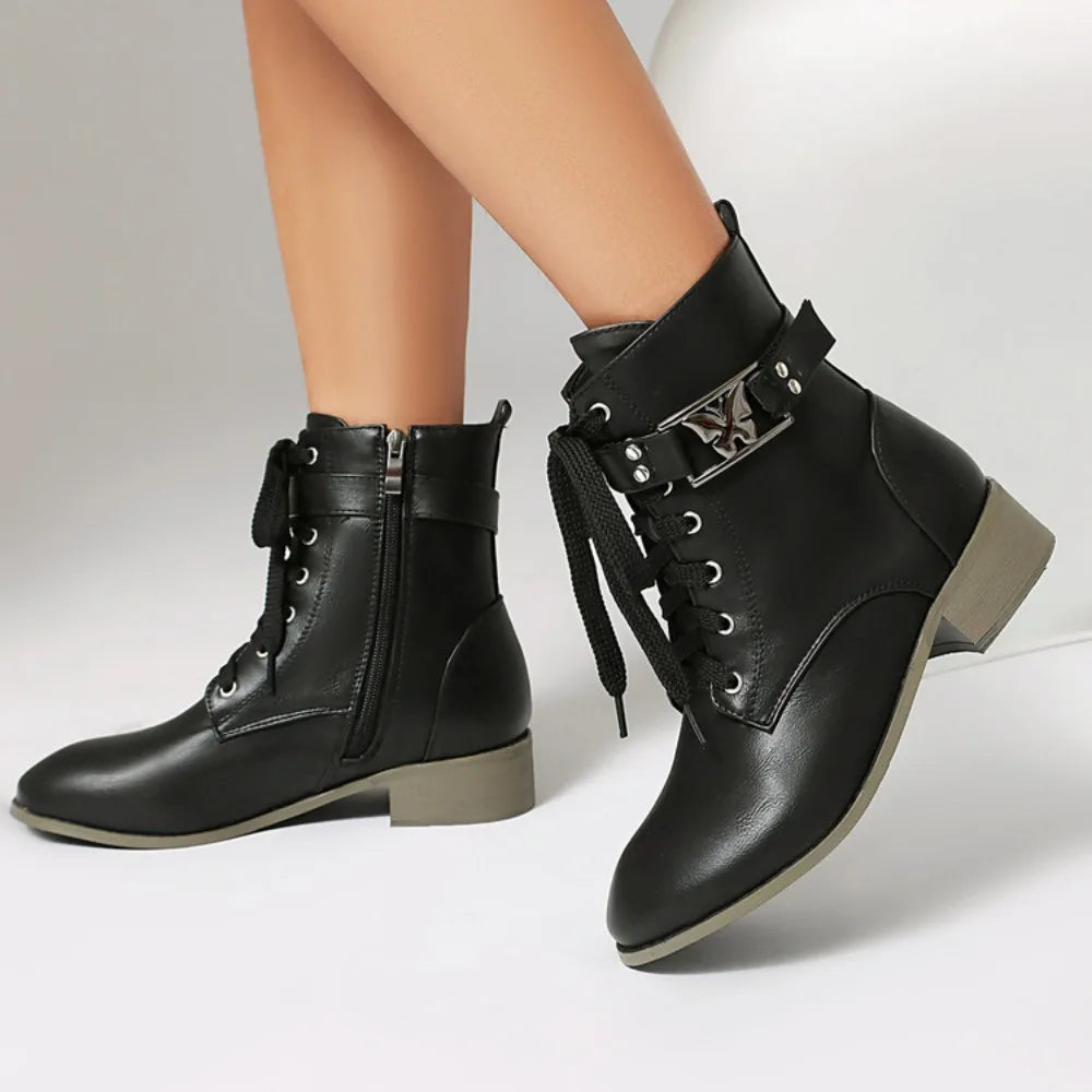 BLXQPYT Women's Combat Ankle Boots Lace Up Low Heel Round Toe Side Zipper Big Size Comfortable Booties WS-22