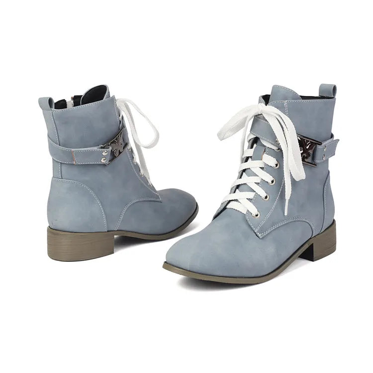 BLXQPYT Women's Combat Ankle Boots Lace Up Low Heel Round Toe Side Zipper Big Size Comfortable Booties WS-22
