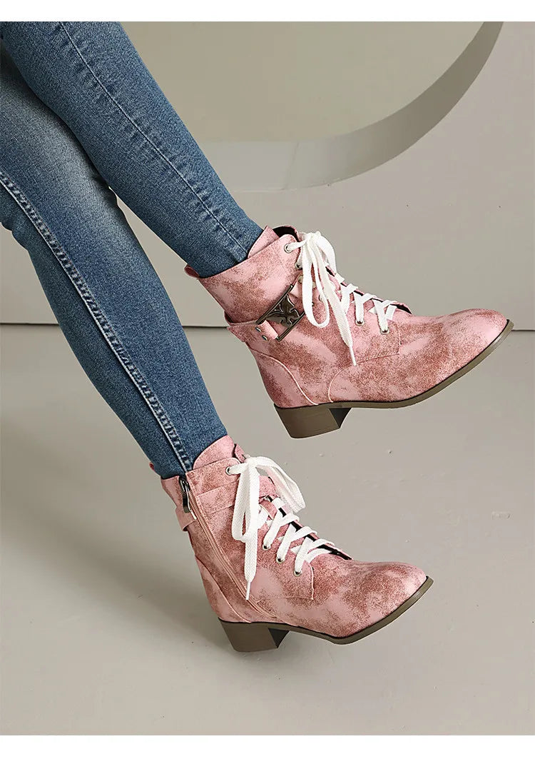 BLXQPYT Women's Combat Ankle Boots Lace Up Low Heel Round Toe Side Zipper Big Size Comfortable Booties WS-22