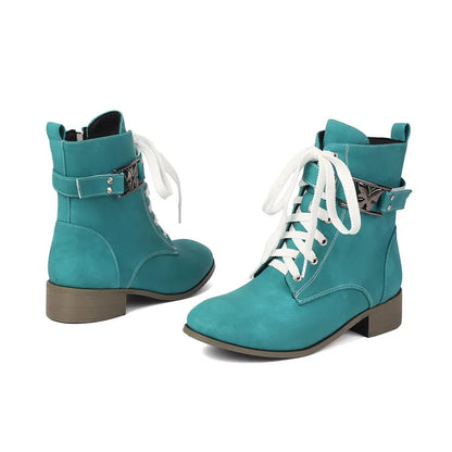 BLXQPYT Women's Combat Ankle Boots Lace Up Low Heel Round Toe Side Zipper Big Size Comfortable Booties WS-22