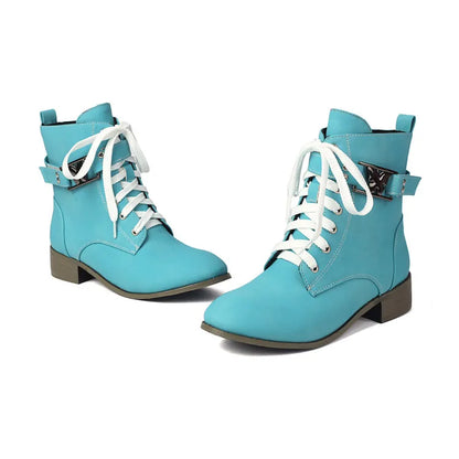 BLXQPYT Women's Combat Ankle Boots Lace Up Low Heel Round Toe Side Zipper Big Size Comfortable Booties WS-22
