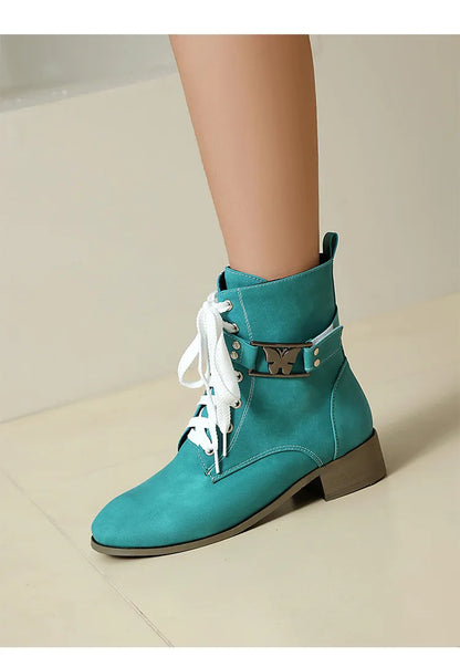 BLXQPYT Women's Combat Ankle Boots Lace Up Low Heel Round Toe Side Zipper Big Size Comfortable Booties WS-22