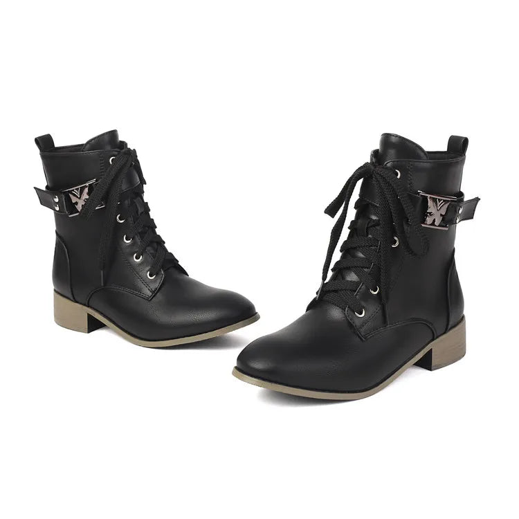 BLXQPYT Women's Combat Ankle Boots Lace Up Low Heel Round Toe Side Zipper Big Size Comfortable Booties WS-22