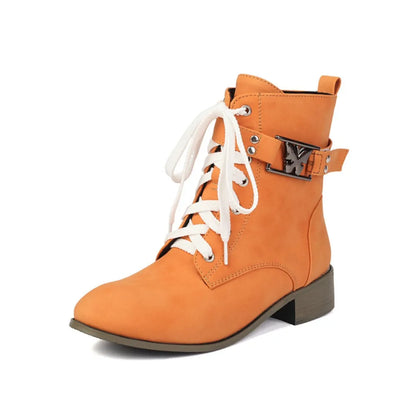 BLXQPYT Women's Combat Ankle Boots Lace Up Low Heel Round Toe Side Zipper Big Size Comfortable Booties WS-22