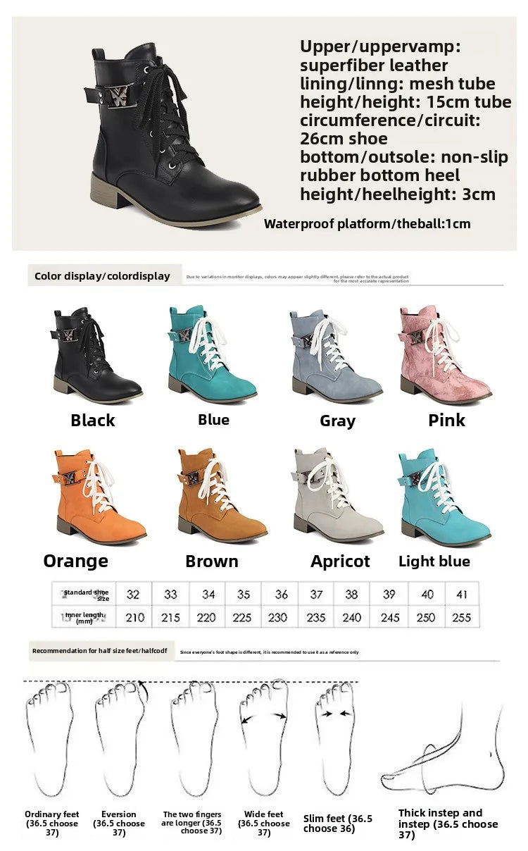 BLXQPYT Women's Combat Ankle Boots Lace Up Low Heel Round Toe Side Zipper Big Size Comfortable Booties WS-22