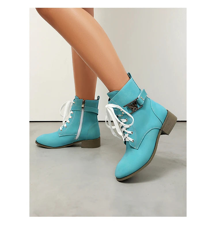 BLXQPYT Women's Combat Ankle Boots Lace Up Low Heel Round Toe Side Zipper Big Size Comfortable Booties WS-22