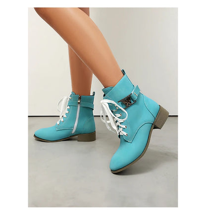 BLXQPYT Women's Combat Ankle Boots Lace Up Low Heel Round Toe Side Zipper Big Size Comfortable Booties WS-22
