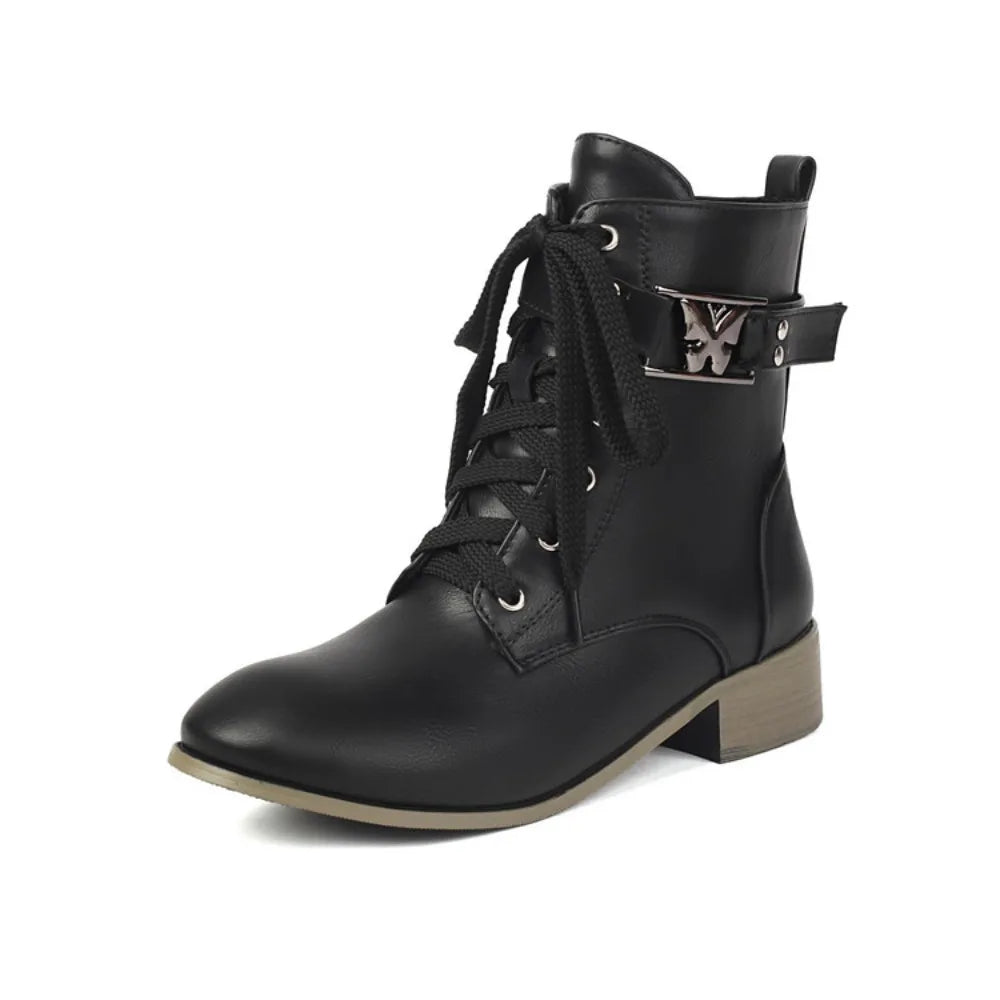 BLXQPYT Women's Combat Ankle Boots Lace Up Low Heel Round Toe Side Zipper Big Size Comfortable Booties WS-22