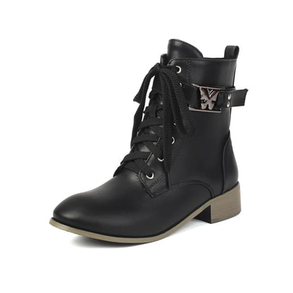 BLXQPYT Women's Combat Ankle Boots Lace Up Low Heel Round Toe Side Zipper Big Size Comfortable Booties WS-22