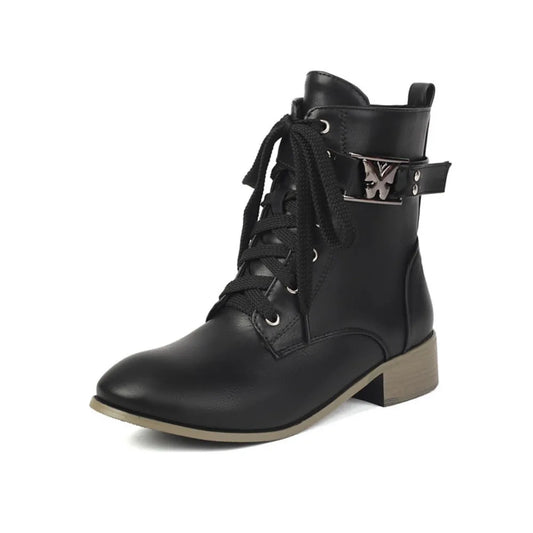 BLXQPYT Women's Combat Ankle Boots Lace Up Low Heel Round Toe Side Zipper Big Size Comfortable Booties WS-22